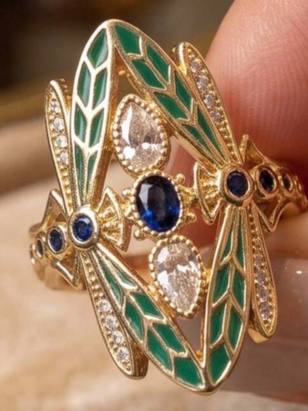 Vintage Art Nouveau Dragonfly Statement Ring | Emerald Green Enamel | New - Picture 5 of 9